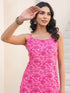 Janasya Women's Pink Pure Cotton Floral Printed Straight Kurta Pant Set